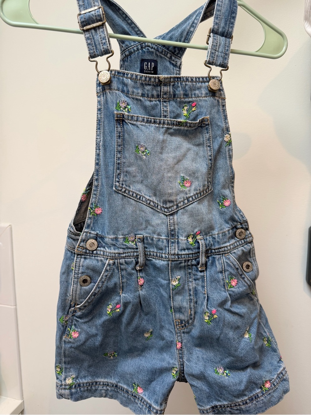 GAP Girls Denim Floral Embroidered Short Overalls - Blue
